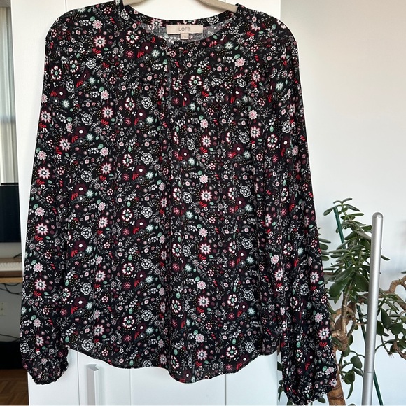 LOFT Black Ruffled Mandarin Collar Blouse - Picture 1 of 6